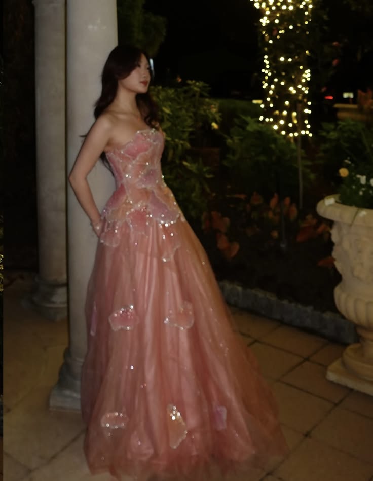 Fairytale Pink Prom Dress Ball Gown Strapless Lace Princess Party Evening Night Sweet 16 Gown RC1167