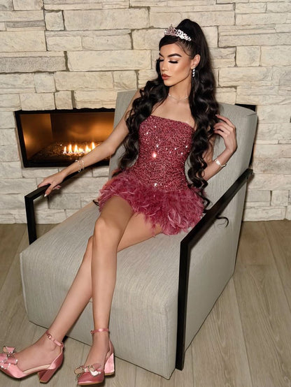 Glitter Sheath Strapless Sequin With Crystals Feathers Sleeveless Mini Senior Inspo Short Homecoming Dresses N4745