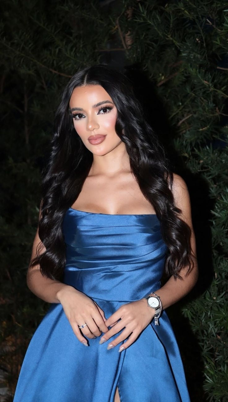 Simple A Line Strapless Royal Blue Satin With Ruffles Split Long Prom Dresses Impress 18th Birthday Outfits Party Gown N281