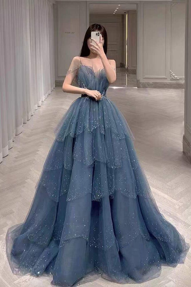 Gorgeous Blue Sparkly Tulle Beaded Prom Dress, Tiered Formal Gown with Rhinestone Party Gowns AB2197
