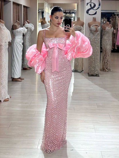 New Arrive Elegant Pink Sequin Long Party Dress Prom Dresses Mermaid Bodycon For Women N4079