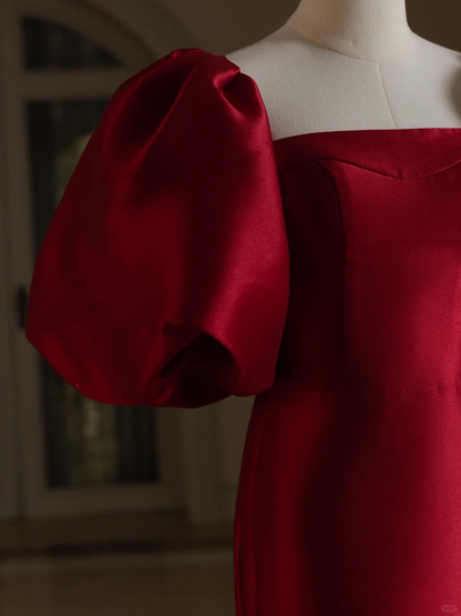 Vintage Mermaid Square Neck Short Puffy Sleeves Red Satin Long Prom Dresses Evening Gowns A001