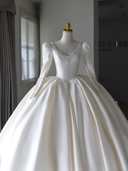 Simple Ball Gown White V Neck Satin Beads Pearls Long Sleeves Wedding Dress Satin Brides Dress A003