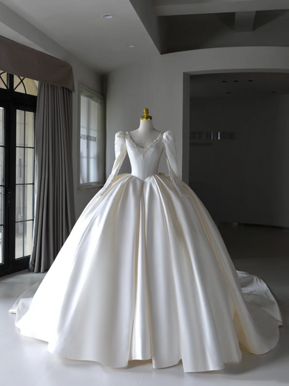 Simple Ball Gown White V Neck Satin Beads Pearls Long Sleeves Wedding Dress Satin Brides Dress A003