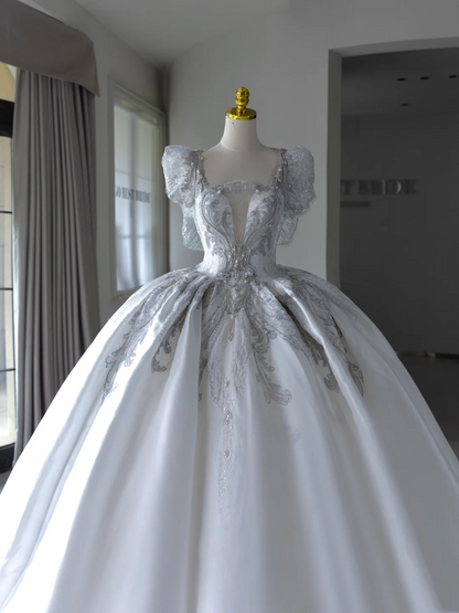 Princess Ball Gown White Square Neck Short Sleeves Beads Long Wedding Dress Satin Brides Dress A005