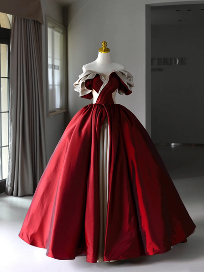 Burgundy Ball Gown Off The Shoulder Satin Short Sleeves Long Quinceanera Dresses Sexy Quinceanera Gowns A006