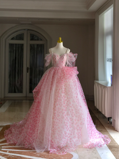 Sweet Pink Off-the-shoulder Ball Gown Tulle Long Quinceanera Dress Gorgeous Pink Quinceanera Dresses A007