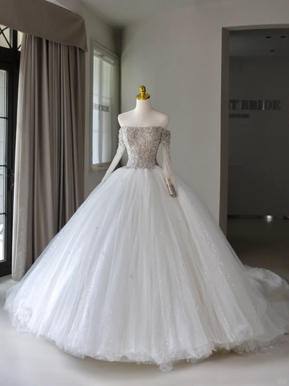 Princess Ball Gown White Off The Shoulder Long Sleeves Silver Beads Long Wedding Dress Tulle Brides Dress A008