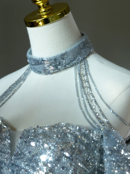 Sexy A Line Halter Silver Sequin Long Prom Dresses Sparkly Prom Gowns For Teens A010