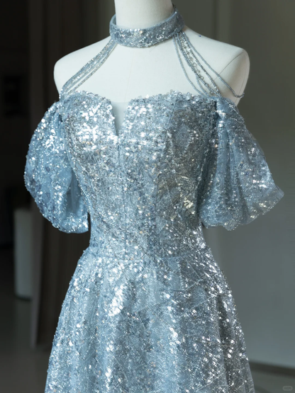 Sexy A Line Halter Silver Sequin Long Prom Dresses Sparkly Prom Gowns For Teens A010