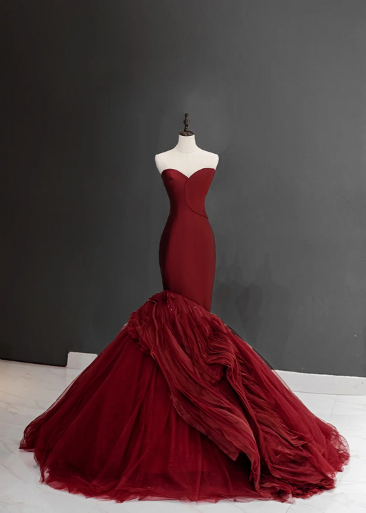 Vintage Mermaid Sweetheart Neck Burgundy Red Tulle Sleeveless Long Prom Dresses Prom Gowns A011