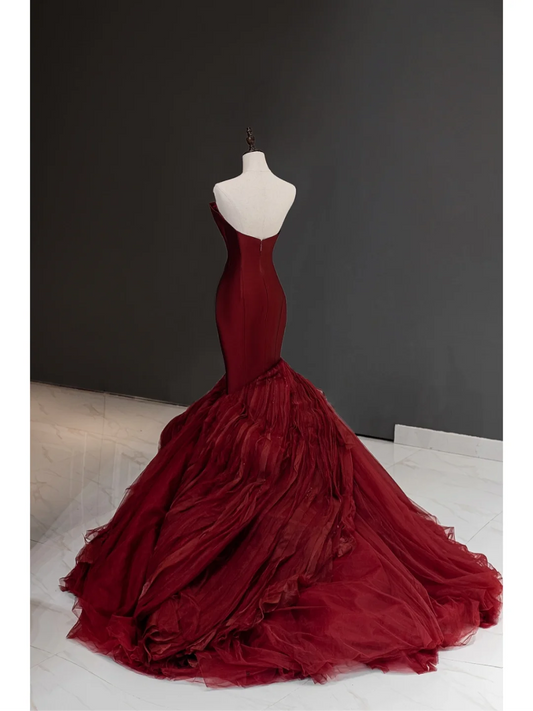 Vintage Mermaid Sweetheart Neck Burgundy Red Tulle Sleeveless Long Prom Dresses Prom Gowns A011