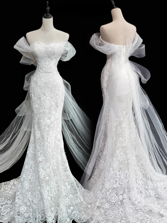 Princess Mermaid White Sweetheart Short Sleeves Lace Long Wedding Dress Tulle Brides Dress A014