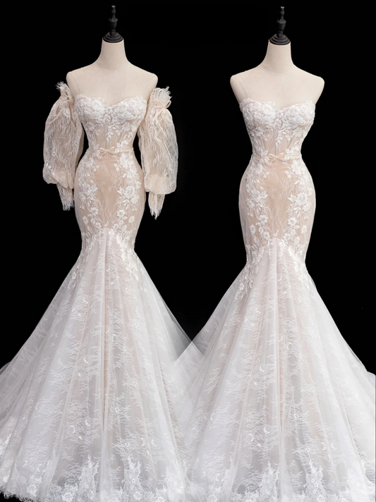 Princess Mermaid White Sweetheart With Removable Long Sleeves Lace Long Wedding Dress Tulle Brides Dress A015