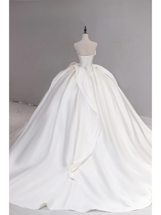 Modest Ball Gown White Sweetheart Satin Long Corset Back Wedding Dress Satin Brides Dress A017