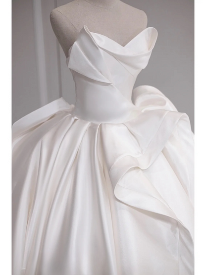 Modest Ball Gown White Sweetheart Satin Long Corset Back Wedding Dress Satin Brides Dress A017