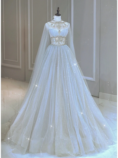 Princess A Line Scoop Neck Long Sleeves Silver Beads Tulle Long Wedding Dress With Cape Brides Dress A018