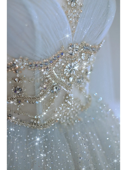 Princess A Line Scoop Neck Long Sleeves Silver Beads Tulle Long Wedding Dress With Cape Brides Dress A018