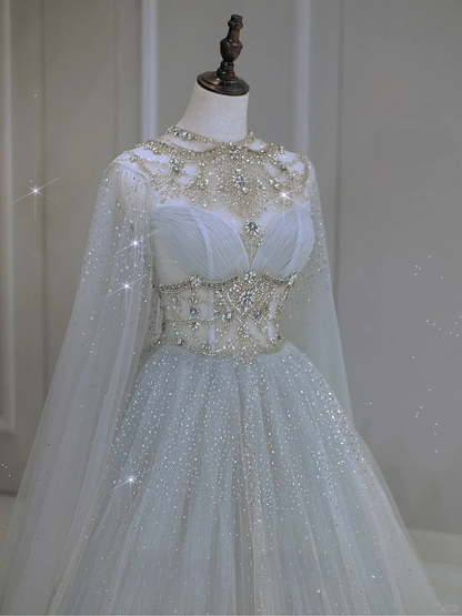 Princess A Line Scoop Neck Long Sleeves Silver Beads Tulle Long Wedding Dress With Cape Brides Dress A018