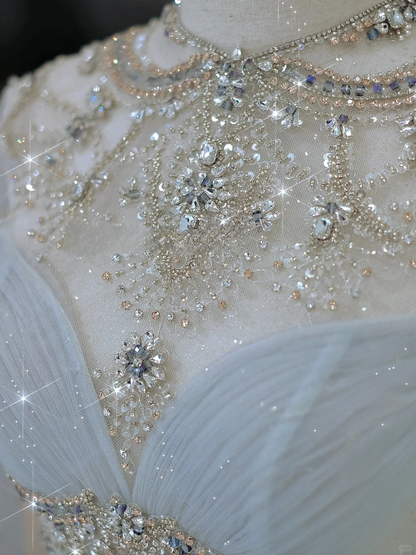 Princess A Line Scoop Neck Long Sleeves Silver Beads Tulle Long Wedding Dress With Cape Brides Dress A018