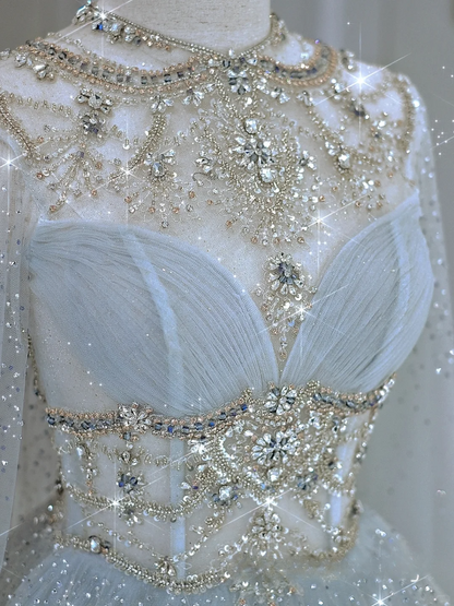 Princess A Line Scoop Neck Long Sleeves Silver Beads Tulle Long Wedding Dress With Cape Brides Dress A018