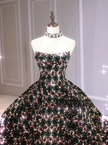 Cute Ball Gown Strapless Black Sequin Sleeveless Long Prom Dresses Prom Gowns Evening Dress A020