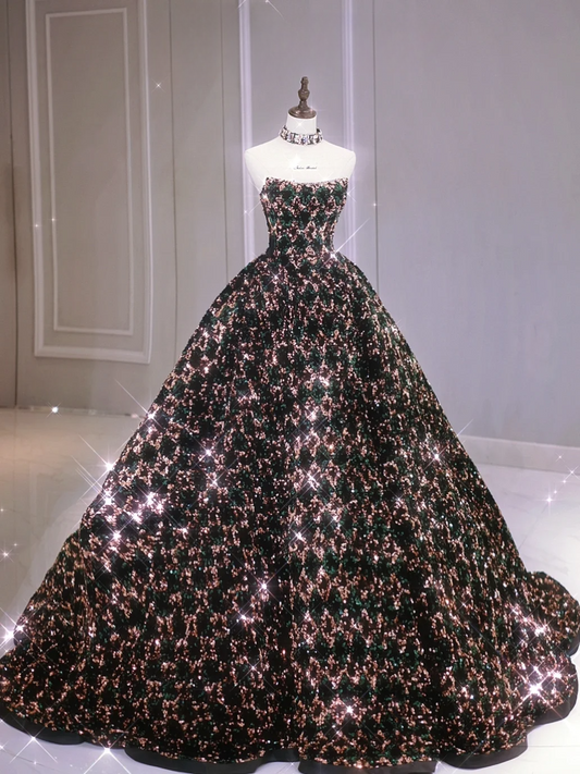 Cute Ball Gown Strapless Black Sequin Sleeveless Long Prom Dresses Prom Gowns Evening Dress A020