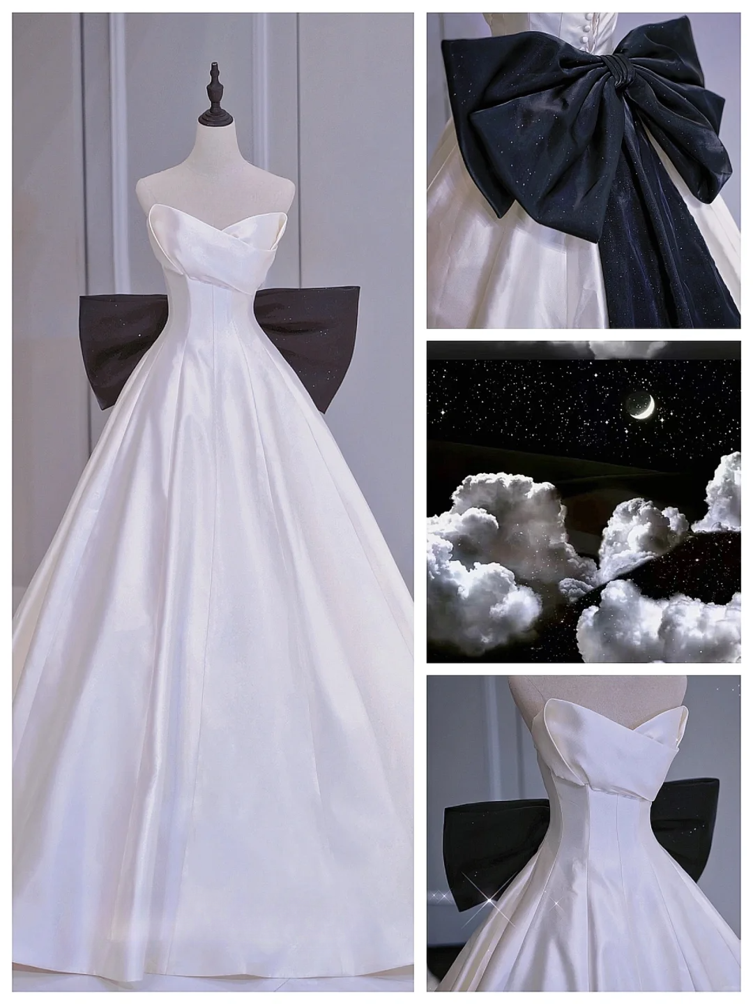 Elegant Ball Gown White Sweetheart Satin Long Corset Back Wedding Dress With Black Bow Brides Dress A028