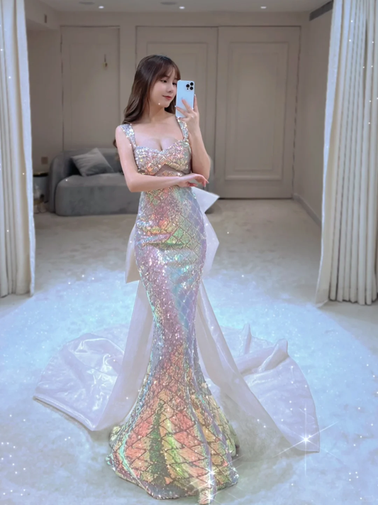 Sparkly Mermaid Square Neck Sequin Sleeveless Long Prom Dresses Prom Gowns Evening Dress A022