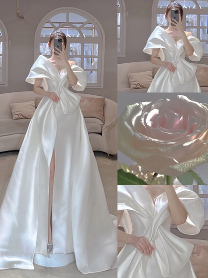Modest Sheath White One Shoulder Satin Long White Slit Wedding Dress With High Split Brides Dress A025