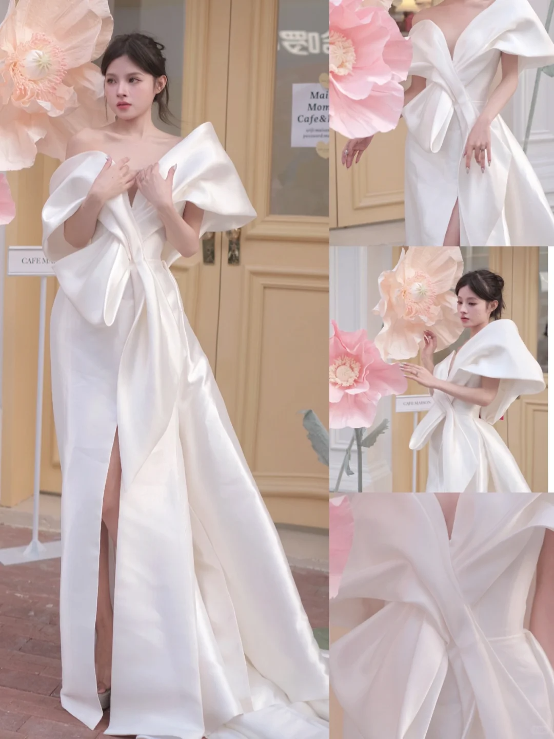 Modest Sheath White One Shoulder Satin Long White Slit Wedding Dress With High Split Brides Dress A025