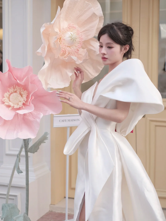 Modest Sheath White One Shoulder Satin Long White Slit Wedding Dress With High Split Brides Dress A025