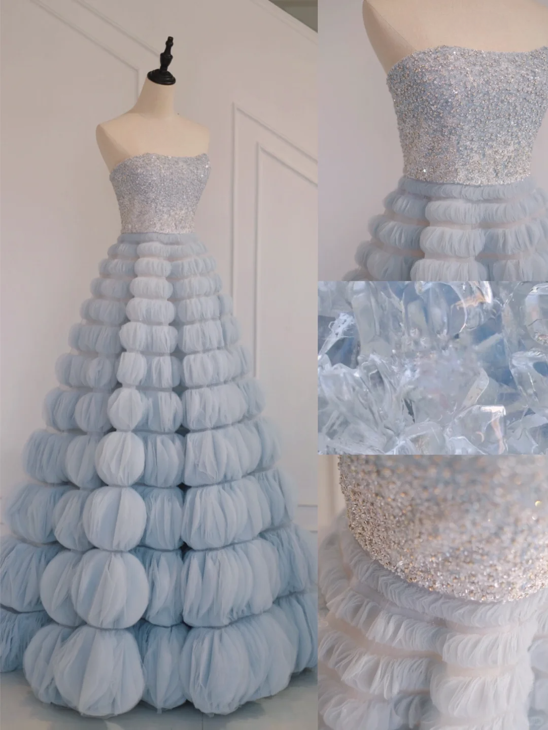 Sweet Light Sky Blue Strapless Ball Gown Tulle Long Quinceanera Dress Gorgeous Pink Quinceanera Dresses Sweet 15 16 Dress A026