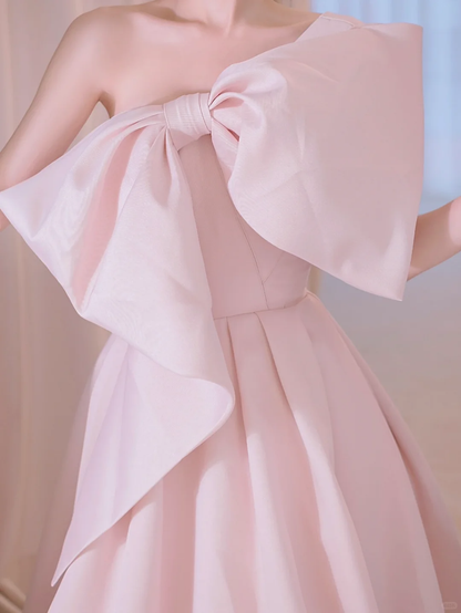 Simple A line One Shoulder Pink Satin Sleeveless Long Prom Dresses Prom Gowns Evening Dress A027