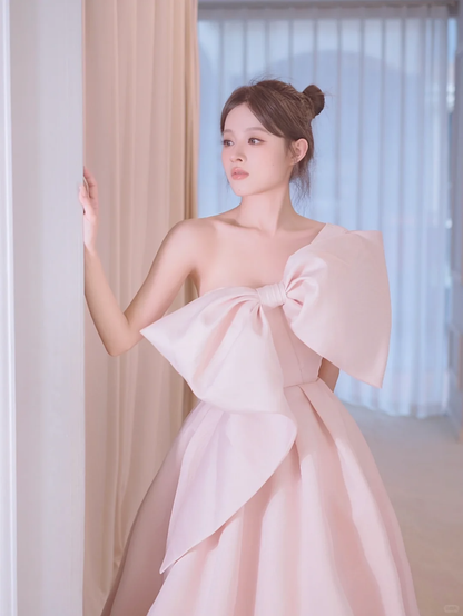Simple A line One Shoulder Pink Satin Sleeveless Long Prom Dresses Prom Gowns Evening Dress A027