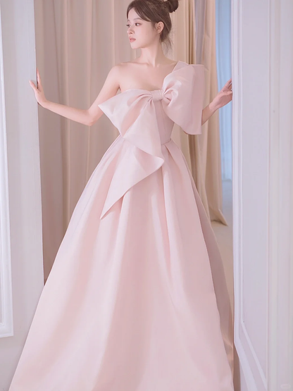 Simple A line One Shoulder Pink Satin Sleeveless Long Prom Dresses Prom Gowns Evening Dress A027