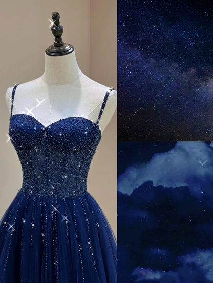 Classy A Line Spaghetti Straps Navy Blue Beads Sleeveless Sequin Long Prom Dresses Special Evening Gowns A030