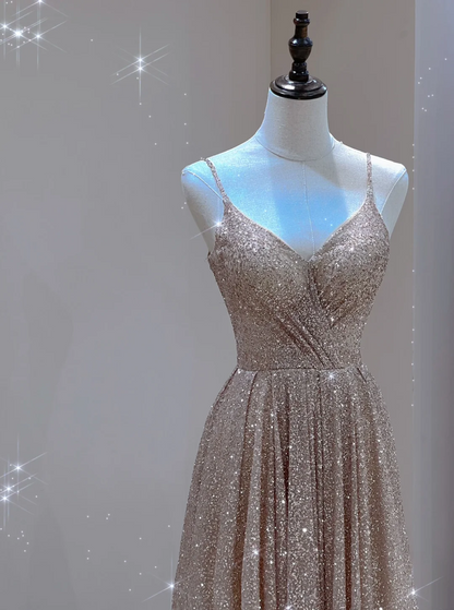 Classy A Line Spaghetti Straps Champagne Sequin Sleeveless Sparkly Long Prom Dresses Special Evening Gowns A031