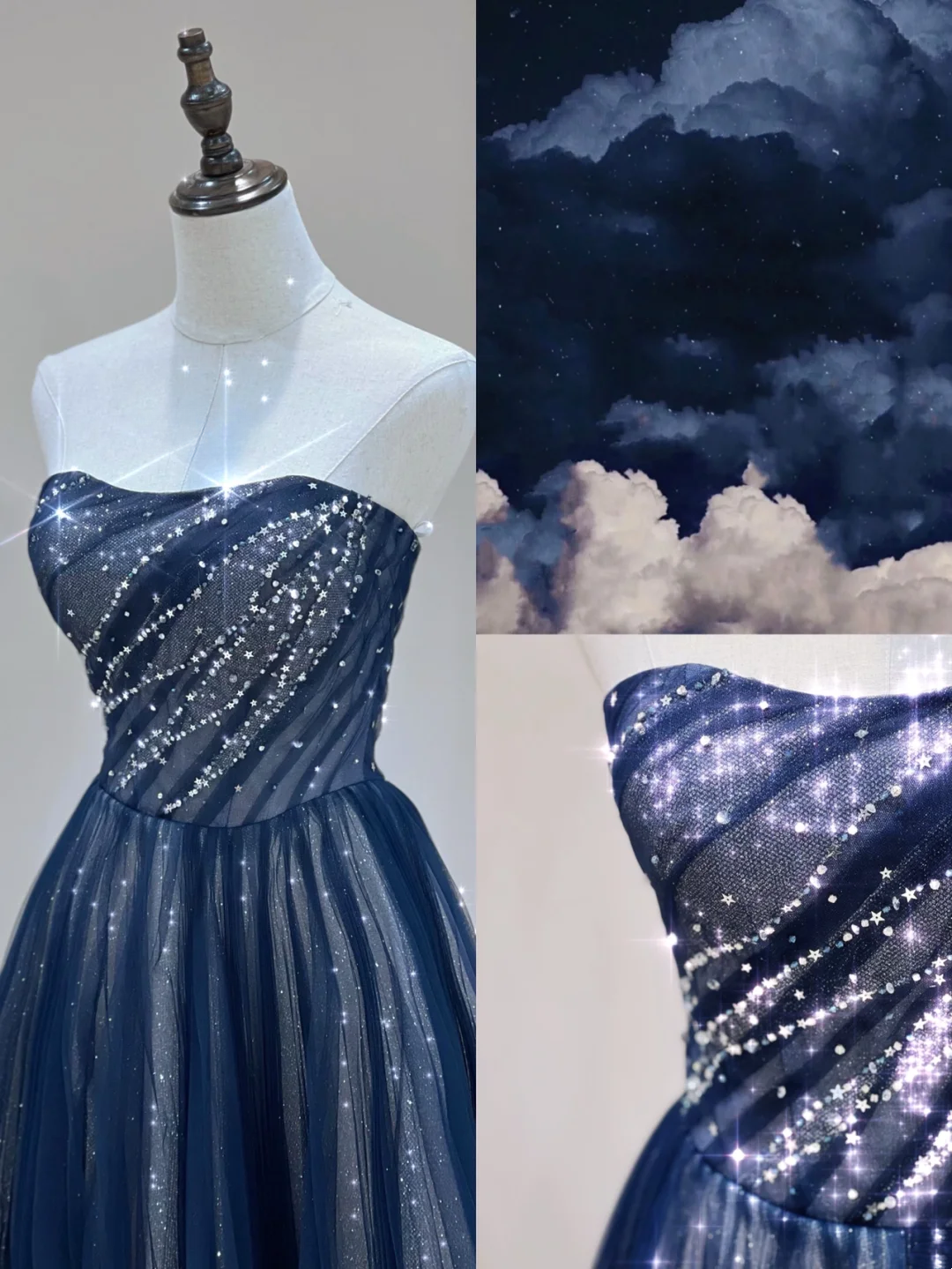 Classy A Line Strapless Navy Blue Sleeveless Sparkly Long Prom Dresses Inspiration Special Evening Gowns A032
