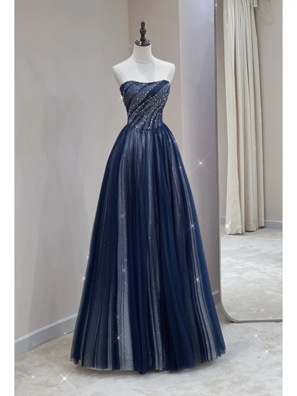Classy A Line Strapless Navy Blue Sleeveless Sparkly Long Prom Dresses Inspiration Special Evening Gowns A032