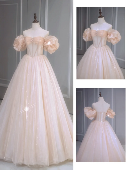 Classy Ball Gown Off The Shoulder Tulle Short Puffy Sleeves Long Prom Dresses Inspiration Special Evening Long Dress A033