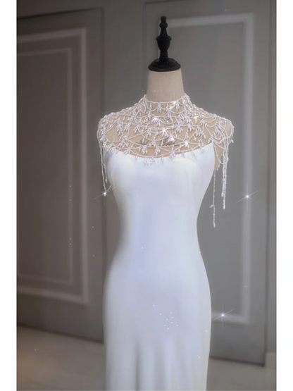 Elegant Mermaid Spaghetti Straps White Satin Long Backless Wedding Dress With Beads Summer Brides Dress A035