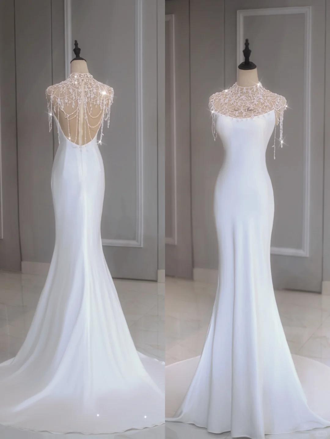 Elegant Mermaid Spaghetti Straps White Satin Long Backless Wedding Dress With Beads Summer Brides Dress A035