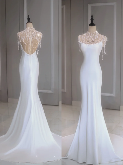 Elegant Mermaid Spaghetti Straps White Satin Long Backless Wedding Dress With Beads Summer Brides Dress A035