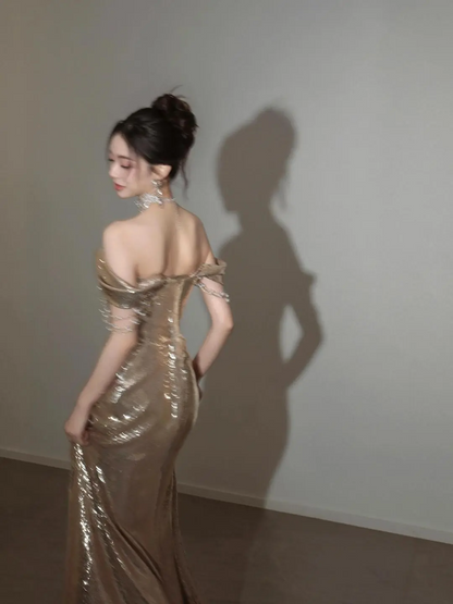 Vintage Mermaid Off The Shoulder Gold Sequin Short Sleeves Prom Dress Inspiration Long Prom Dresses A044