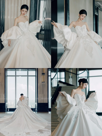 Timeless Ball Gown Sweetheart White Lace Appliques Long Satin Wedding Dress Beautiful Formal Wedding Dresses A045