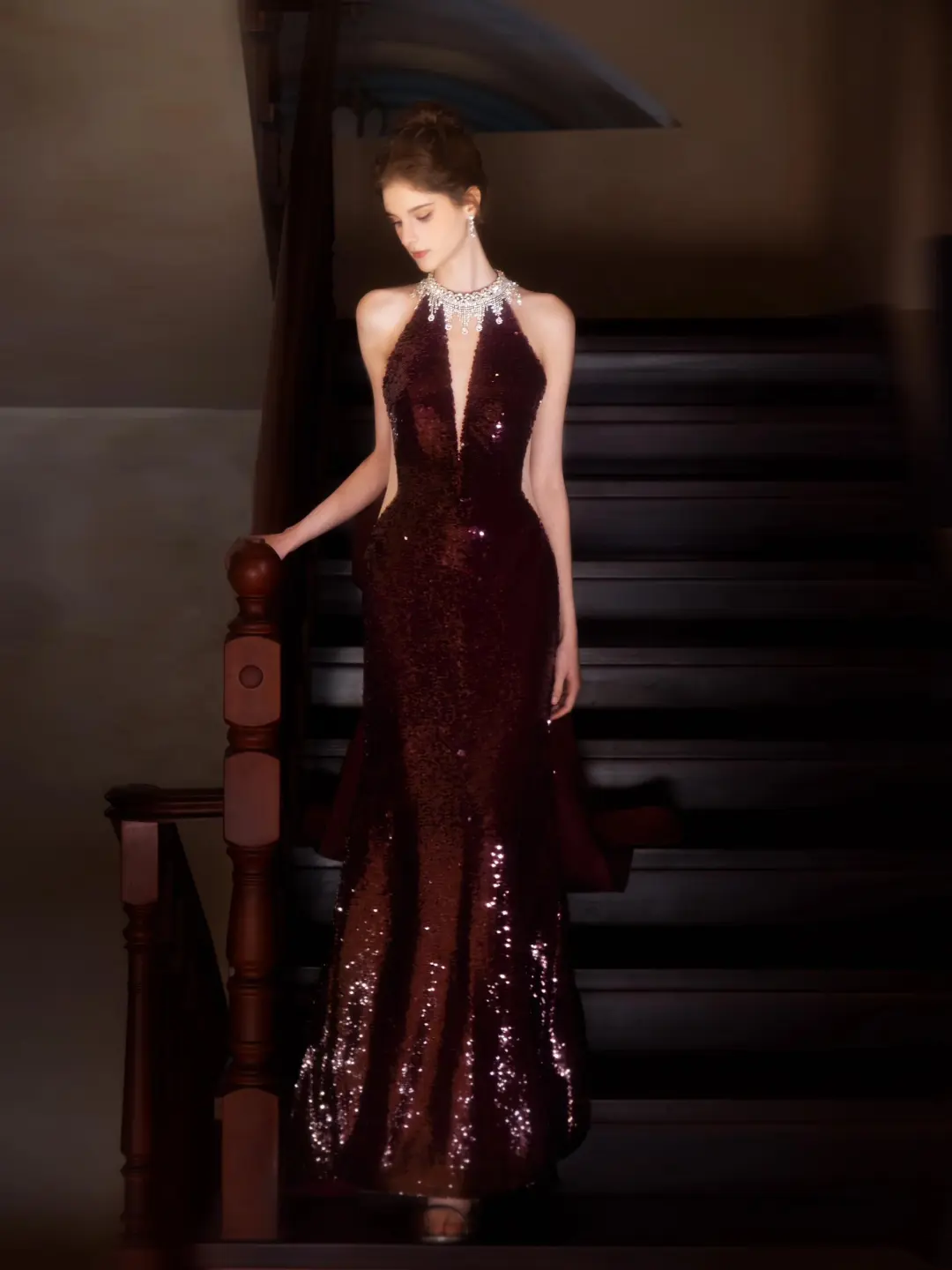 Vintage Mermaid Halter Burgundy Sequin Sleeveless Floor Length Prom Dress Inspiration Long Prom Dresses A046
