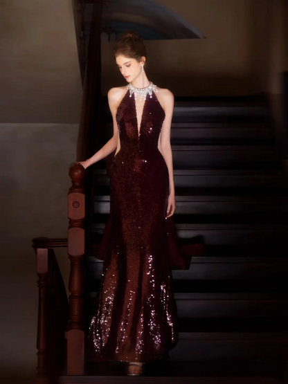 Vintage Mermaid Halter Burgundy Sequin Sleeveless Floor Length Prom Dress Inspiration Long Prom Dresses A046
