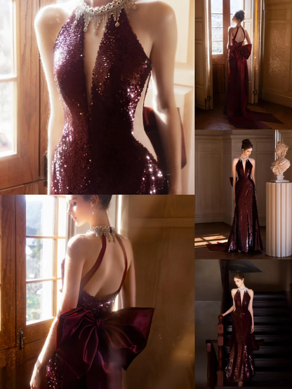 Vintage Mermaid Halter Burgundy Sequin Sleeveless Floor Length Prom Dress Inspiration Long Prom Dresses A046