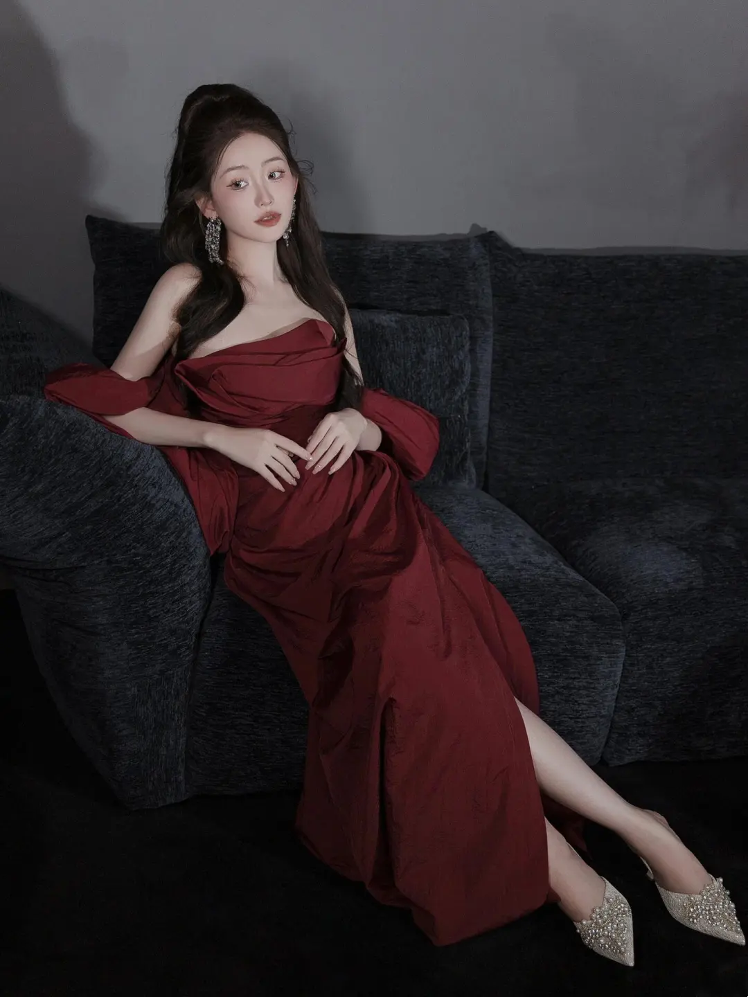 Vintage Mermaid Strapless Burgundy Satin With Cape Floor Length Prom Dress Inspiration Long Prom Dresses A047